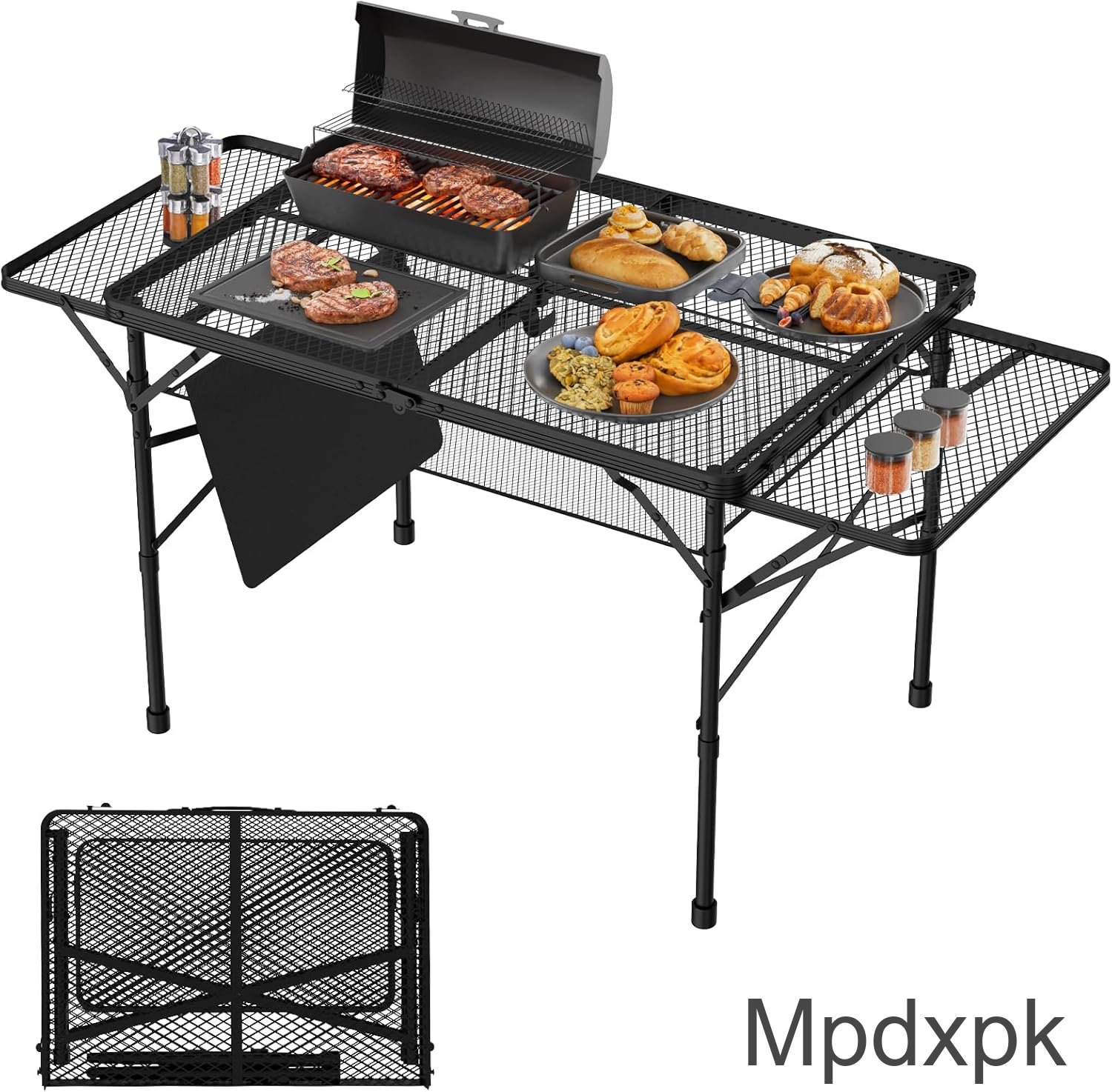 Mpdxpk Folding Table with 2 Wing Panels, 3x2 FT Camping Table with Mesh Desktop,Height Adjustable Folding Grill Table with Mesh Bag,Portable Outdoor Table for Picnic,Camping,BBQ,Beach(Black)